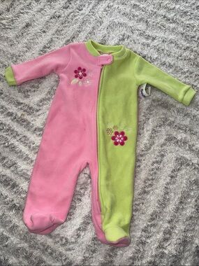 6-12m Sears Vintage Girls Pink & Green Floral Fleece One-Piece NWT